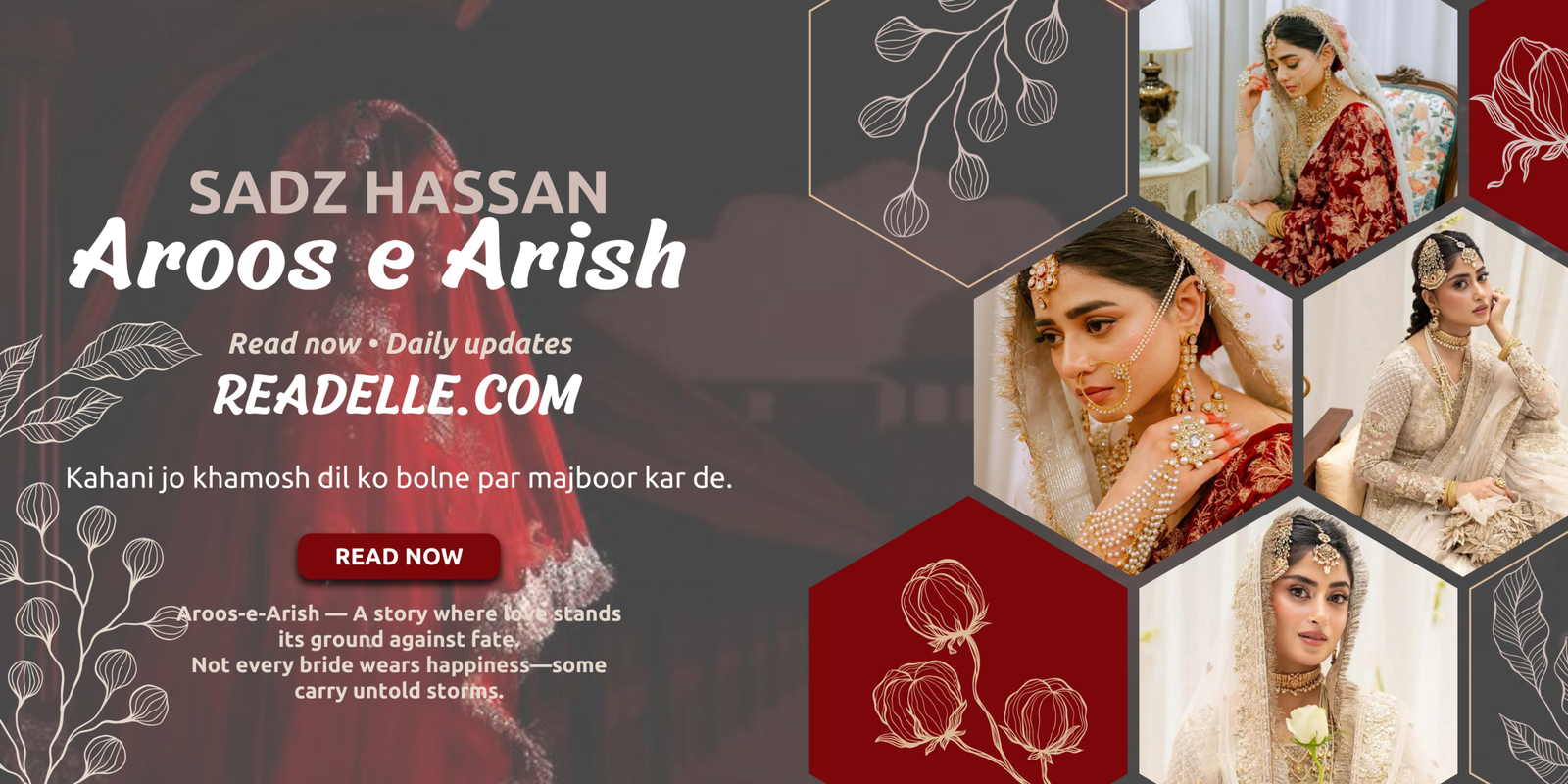 Promotional banner of Aroos-e-Arish, a romantic Urdu novel by Sadz Hassan, daily episodes on Readelle.com Billionaire Romance
